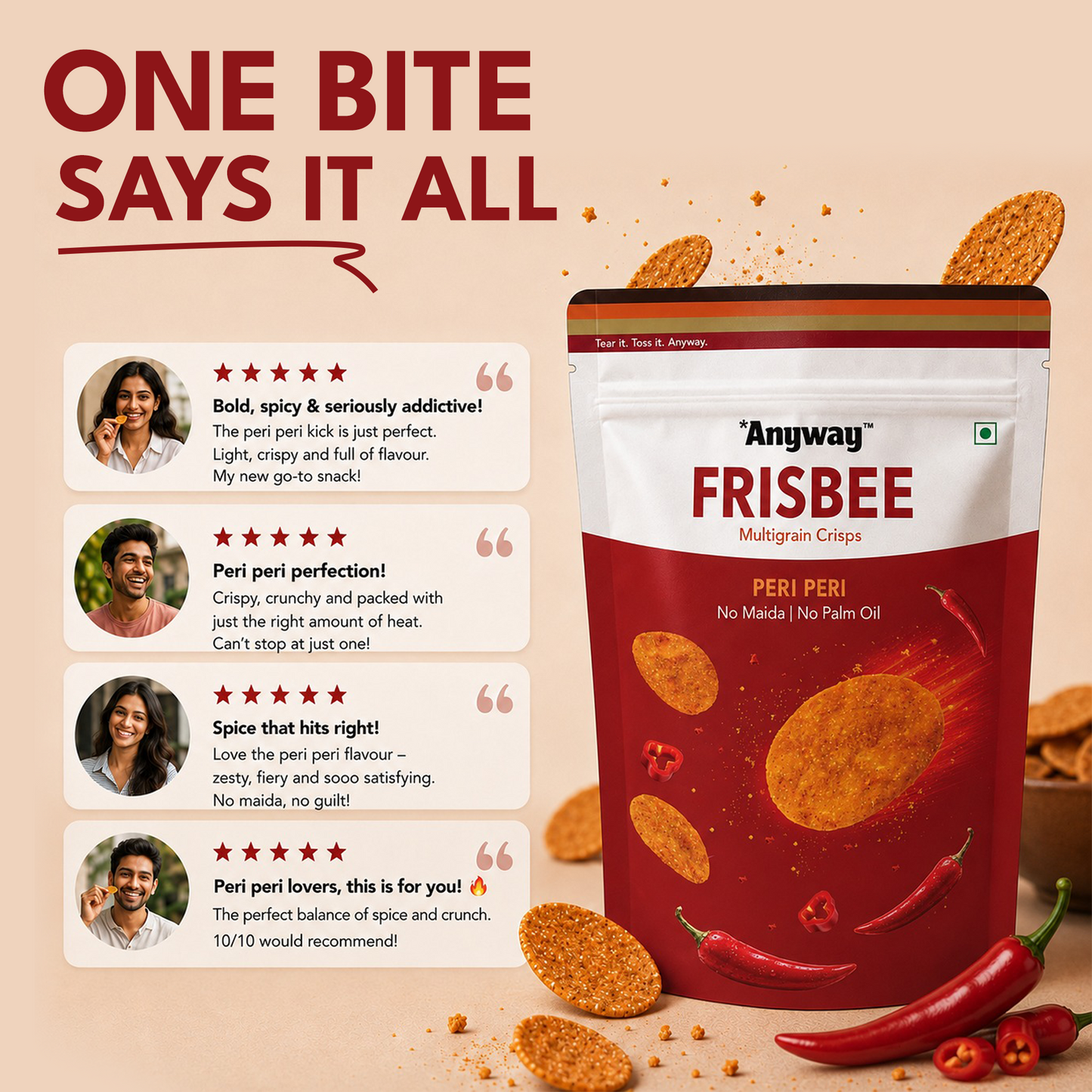 Anyway Frisbee Peri Peri pack with customer star-rating testimonial quotes and fresh red chillies