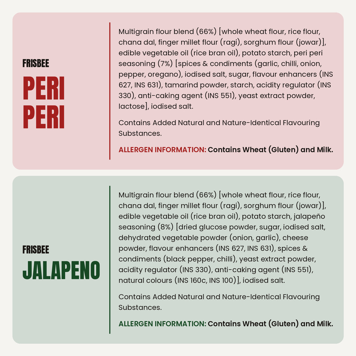 Anyway Frisbee Peri Peri and Jalapeño ingredients