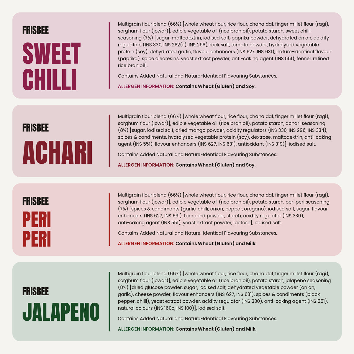 Anyway Frisbee ingredients for Sweet Chilli, Achari, Peri Peri and Jalapeño
