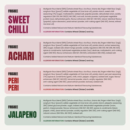 Anyway Frisbee ingredients for Sweet Chilli, Achari, Peri Peri and Jalapeño