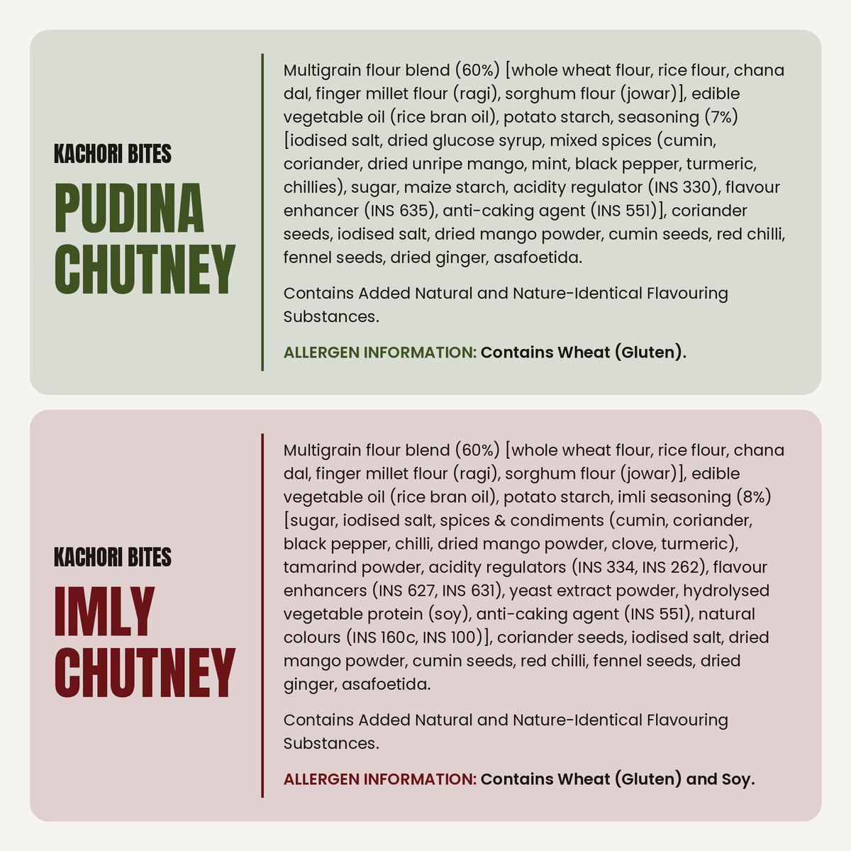 Anyway Kachori Bites Pudina Chutney and Imly Chutney ingredients