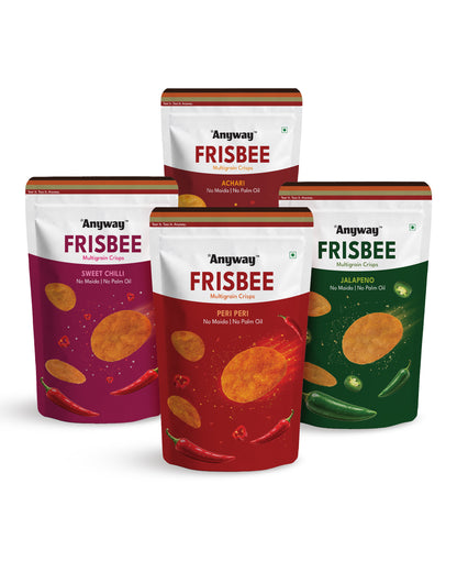 Anyway Frisbee Full House — 4 standup packs: Peri Peri, Jalapeño, Achari and Sweet Chilli multigrain crisps