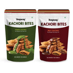 Anyway Kachori Bites Pudina Chutney and Imly Chutney standup packs with kachori and chutney — no onion, no garlic, no maida