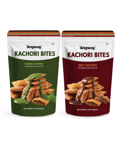 Anyway Kachori Bites Pudina Chutney and Imly Chutney standup packs with kachori and chutney — no onion, no garlic, no maida