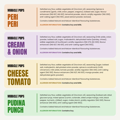 Anyway Miracle Pops ingredients for Peri Peri, Cream & Onion, Cheese Tomato and Pudina Punch