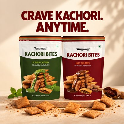 Crave kachori. Anytime. Anyway Kachori Bites Imly Chutney and Pudina Chutney packs with bites