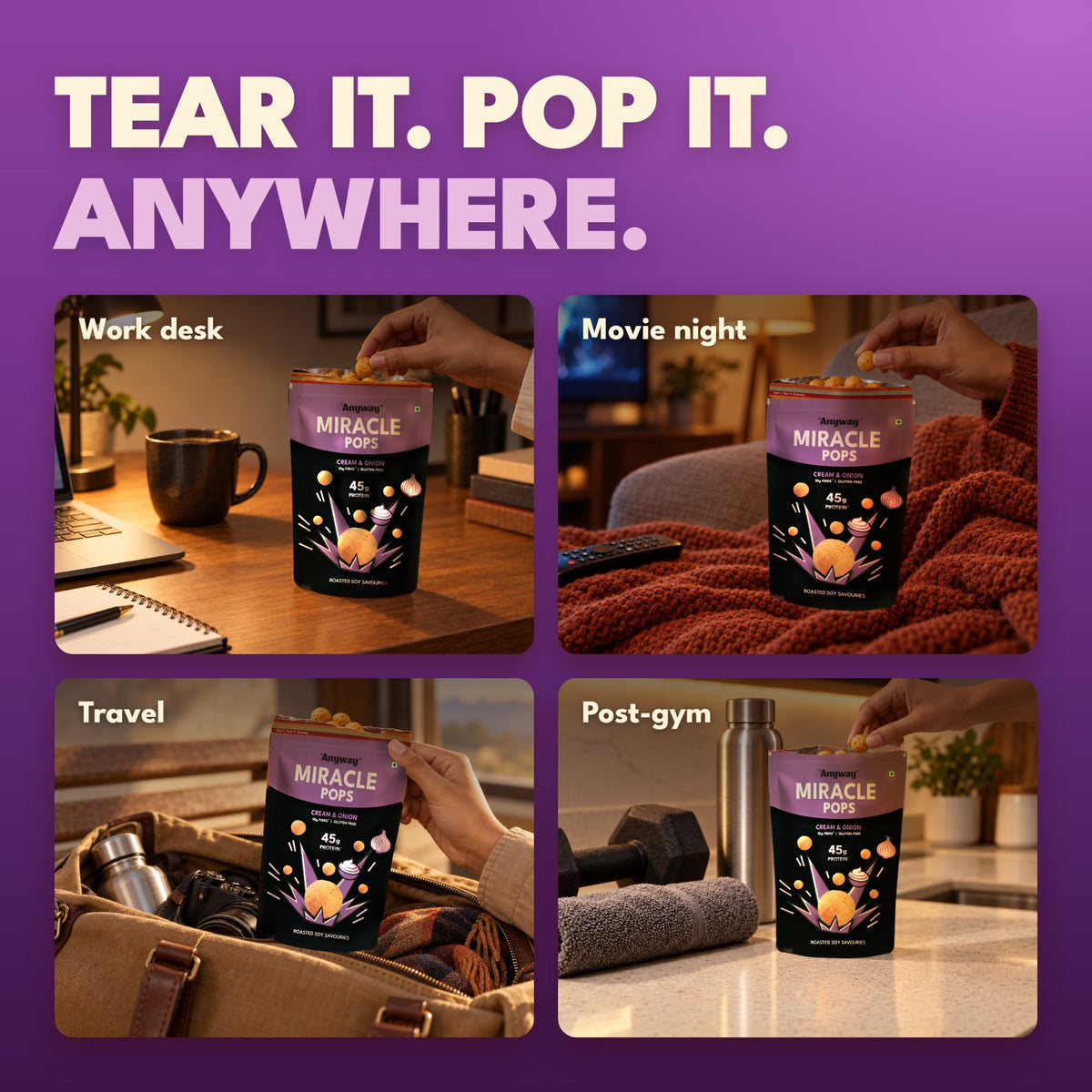 Tear it. Pop it. Anywhere. Anyway Miracle Pops Cream & Onion in everyday snacking moments