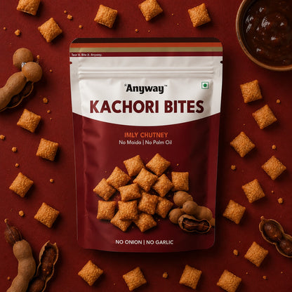 Anyway Kachori Bites Imly Chutney pack surrounded by kachori pieces, tamarind pods and chutney — no onion, no garlic, no maida