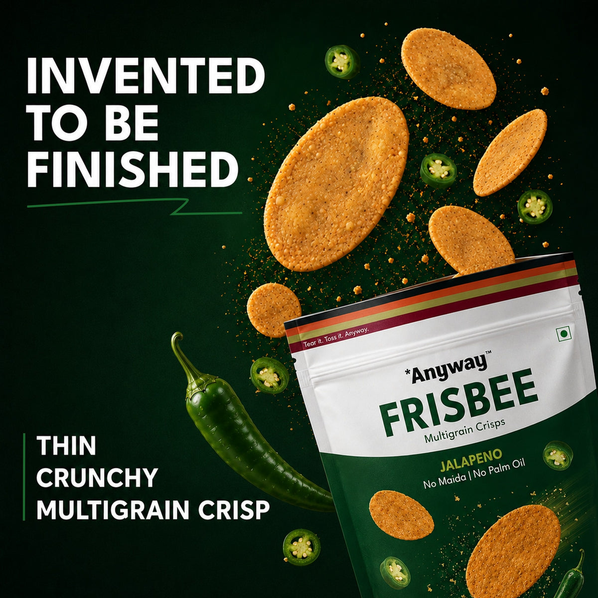Anyway Frisbee Jalapeño multigrain crisps bursting from the pack: invented to be finished, thin and crunchy