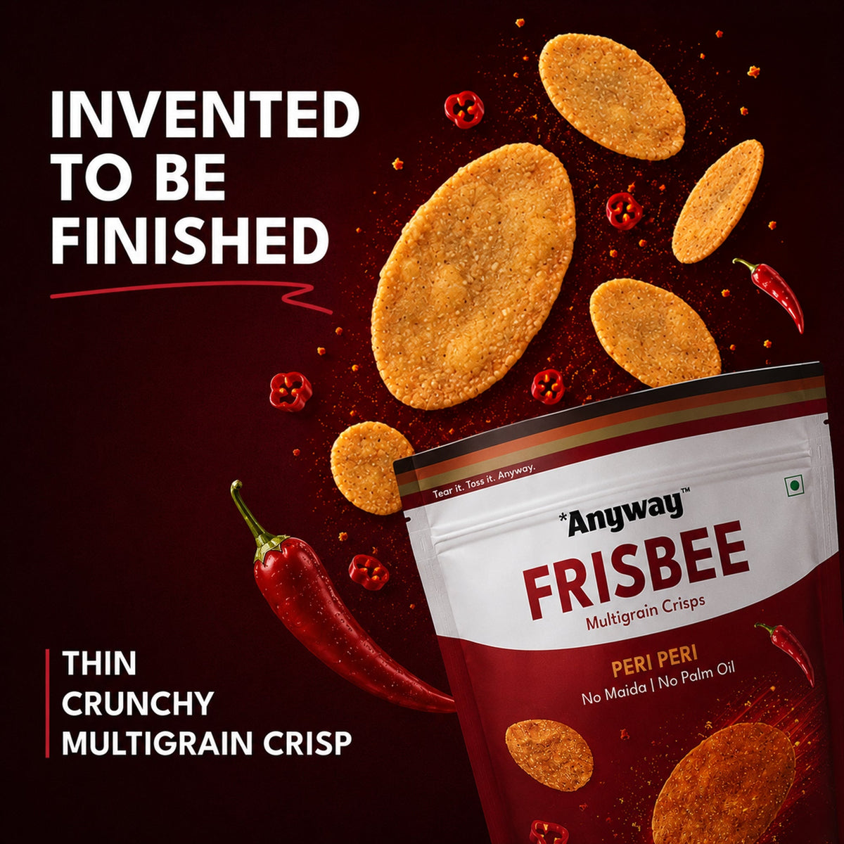 Anyway Frisbee multigrain crisps bursting from the pack: invented to be finished, thin and crunchy