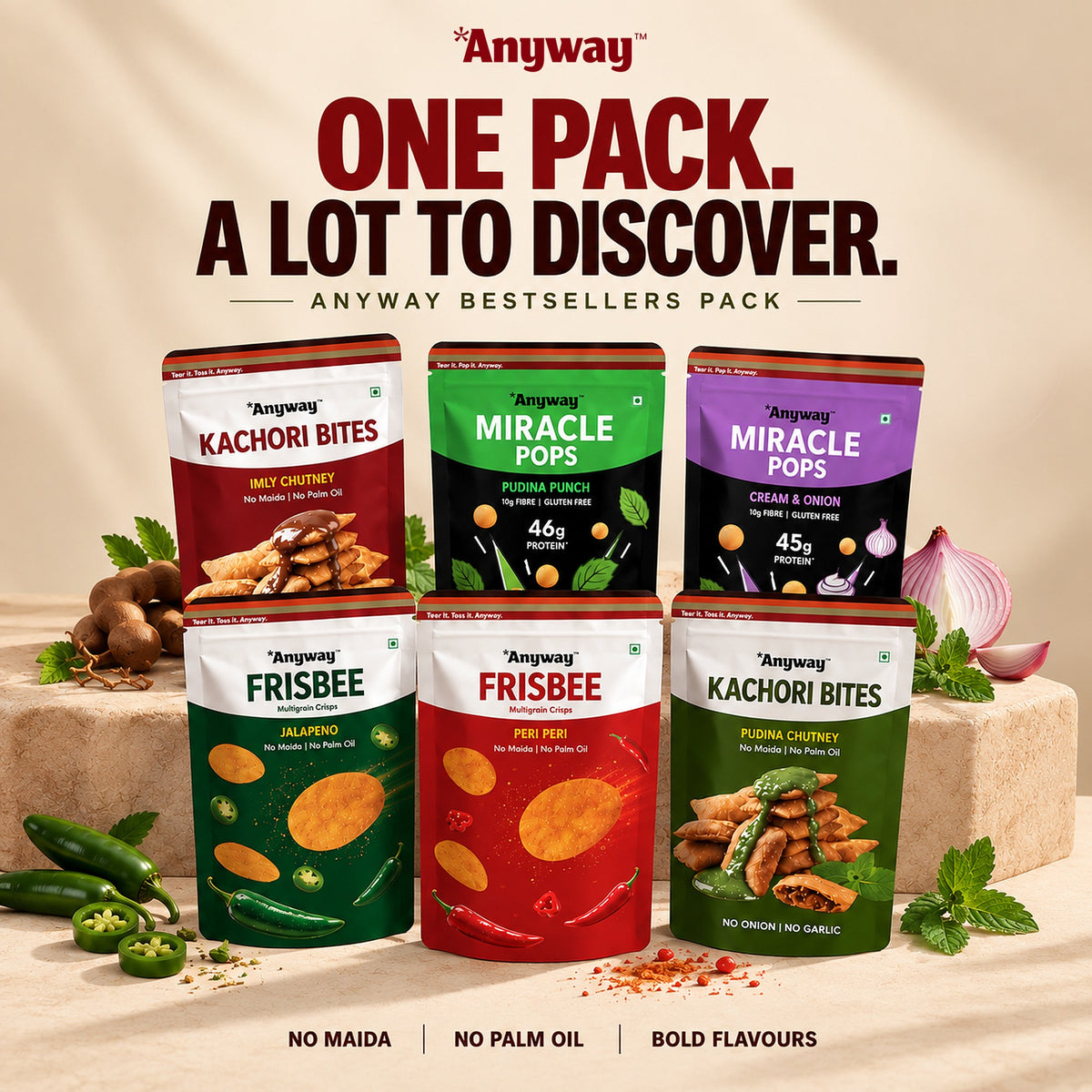 One pack. A lot to discover. The Anyway Bestseller pack of 6: Frisbee, Kachori Bites and Miracle Pops