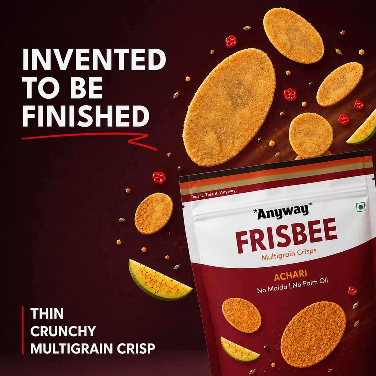 Anyway Frisbee Achari multigrain crisps bursting from the pack: invented to be finished, thin and crunchy
