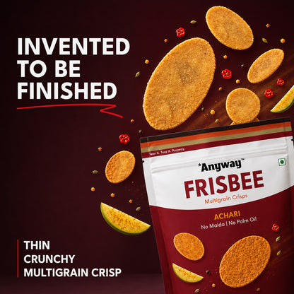 Anyway Frisbee Achari multigrain crisps bursting from the pack: invented to be finished, thin and crunchy