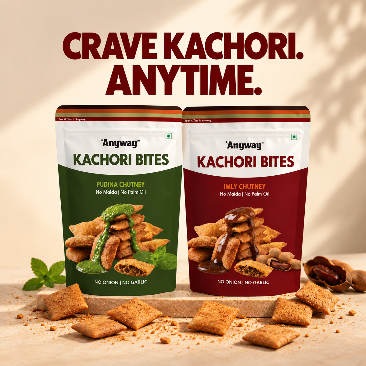 Crave kachori. Anytime. Anyway Kachori Bites Imly Chutney and Pudina Chutney packs with bites